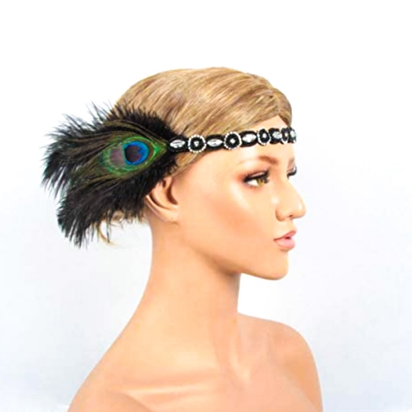 Accessories - 1920s Flapper Headpiece in Black and Peacock Feath